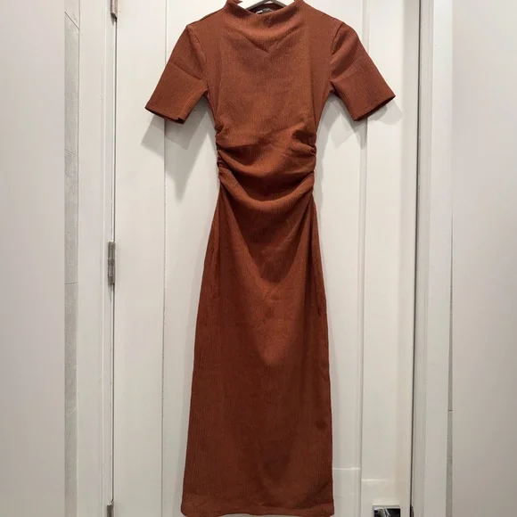 ZARA Rust Textured Midi Dress | Ruched Waist - Picture 1 of 4